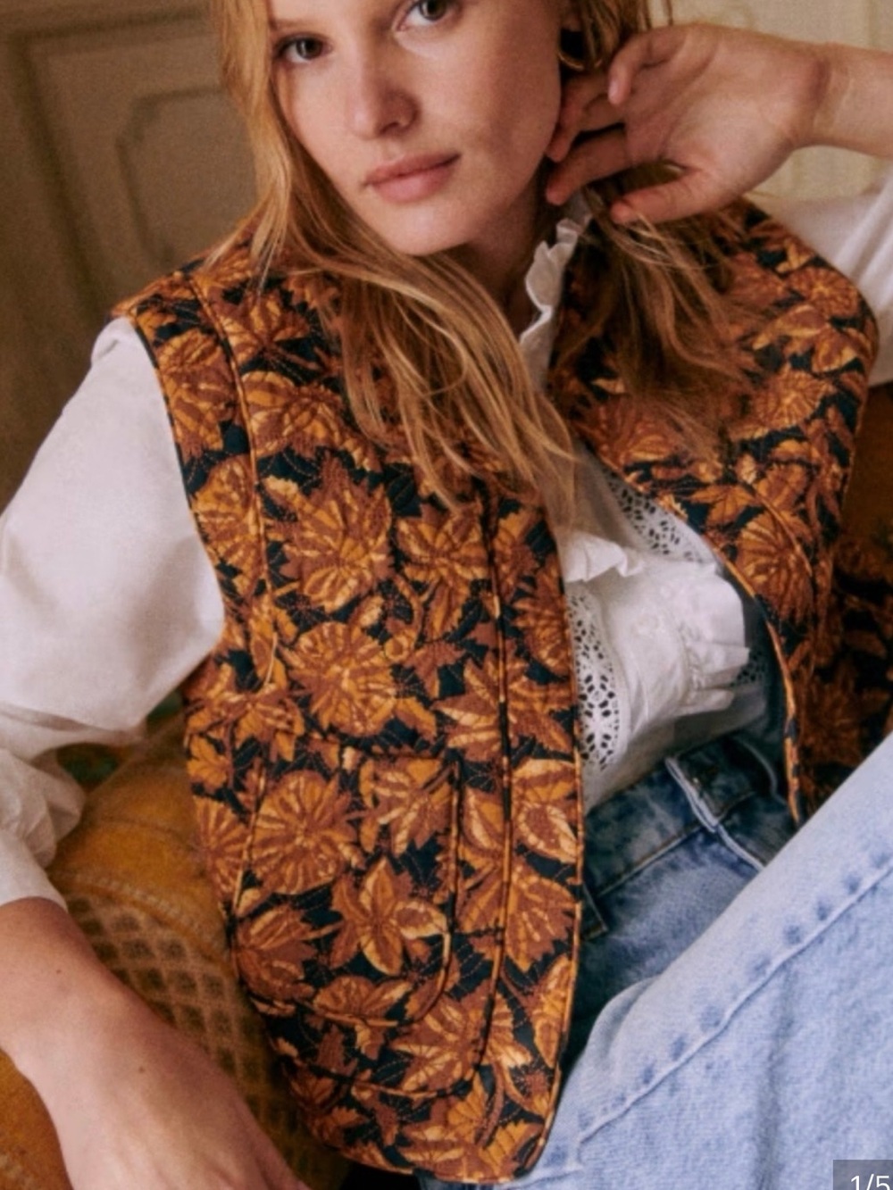 Sezane Quilted Floral Vest in Mustard and Black